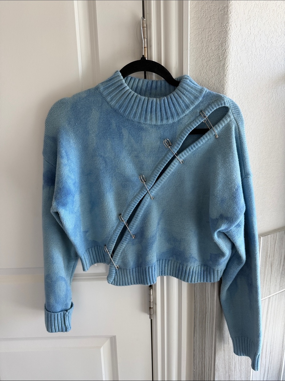AKIRA Light Blue Distressed Crop Turtleneck Sweater with Safety Pin Accent